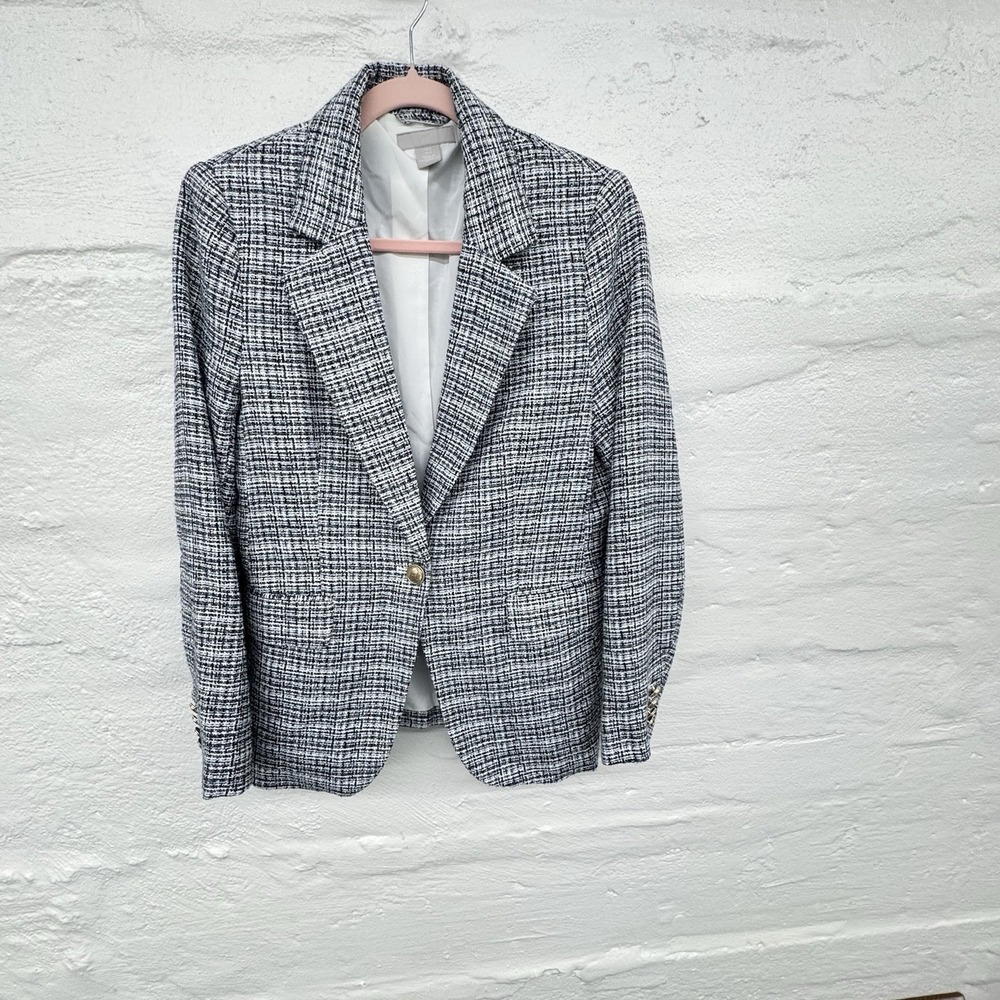 H&M Blazer Womens Small Plaid Notch Lapel Lined One Button Jacket‎ Navy